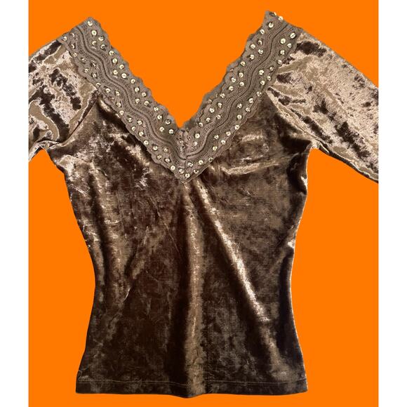 00's vintage crushed velvet gold sequins lace boho y2k top blouse XS SMALL - Picture 3 of 6